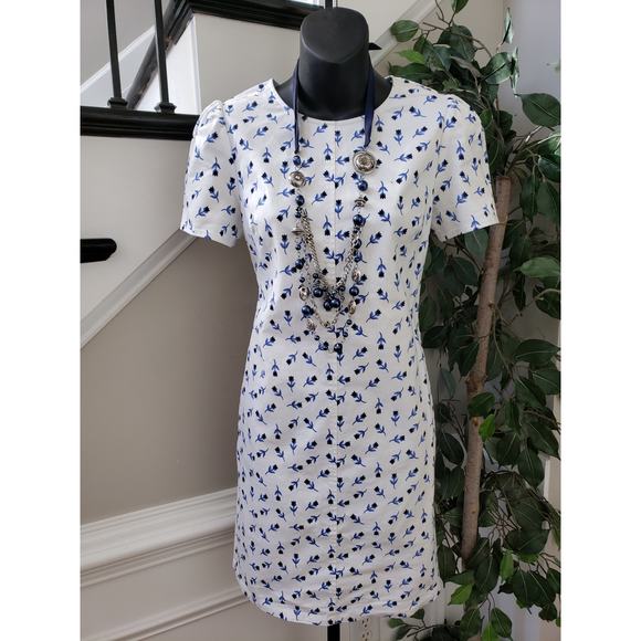 Draper James Shift Dress Women Size 2 White Blue Floral Puff Sleeve Pullover - Picture 2 of 12